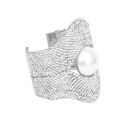 Cuff Gatsby Era Ornate Stone Pearl Silver Bracelet