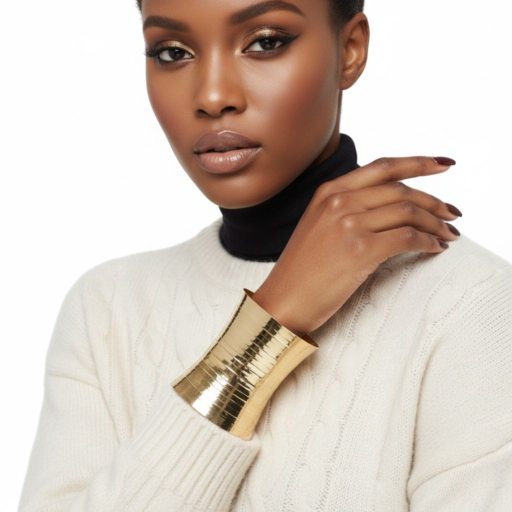 Long Cuff Gold Metal Stripe Embossed Bracelet