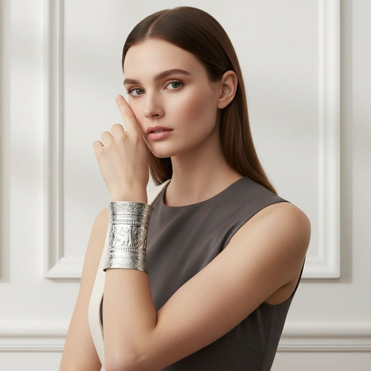 Long Cuff Silver Metal Elephant Embossed Bracelet