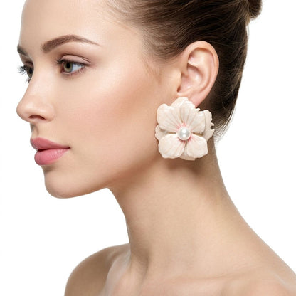 White Oversized Stud Painted Petal Flower Earrings