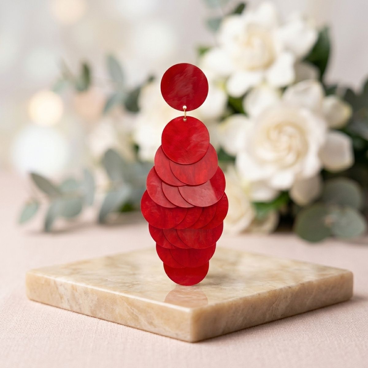 Dangle Red Swirl Shell Disc Resort Earrings