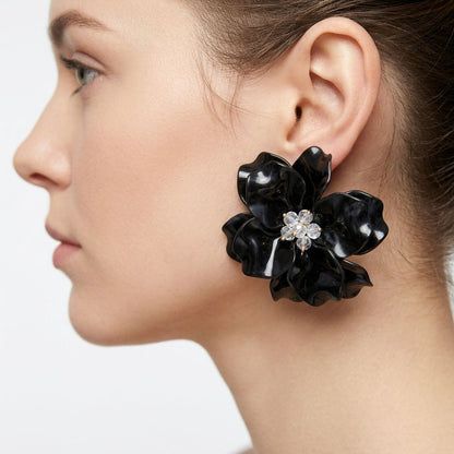 Oversized Black Acrylic Petal Flower Stud Earrings