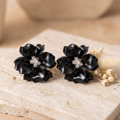 Oversized Black Acrylic Petal Flower Stud Earrings