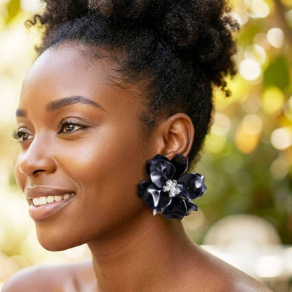 Oversized Black Acrylic Petal Flower Stud Earrings