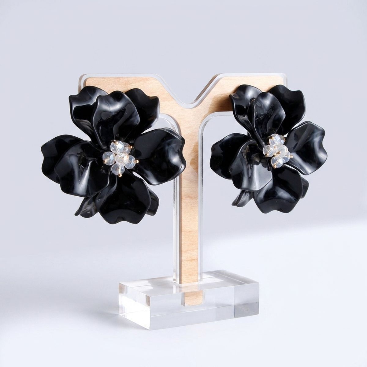 Oversized Black Acrylic Petal Flower Stud Earrings