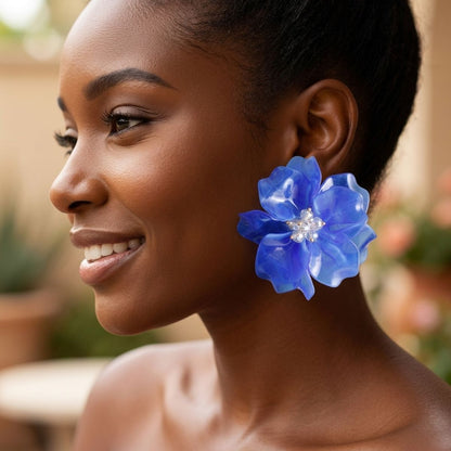 Oversized Blue Acrylic Petal Flower Stud Earrings