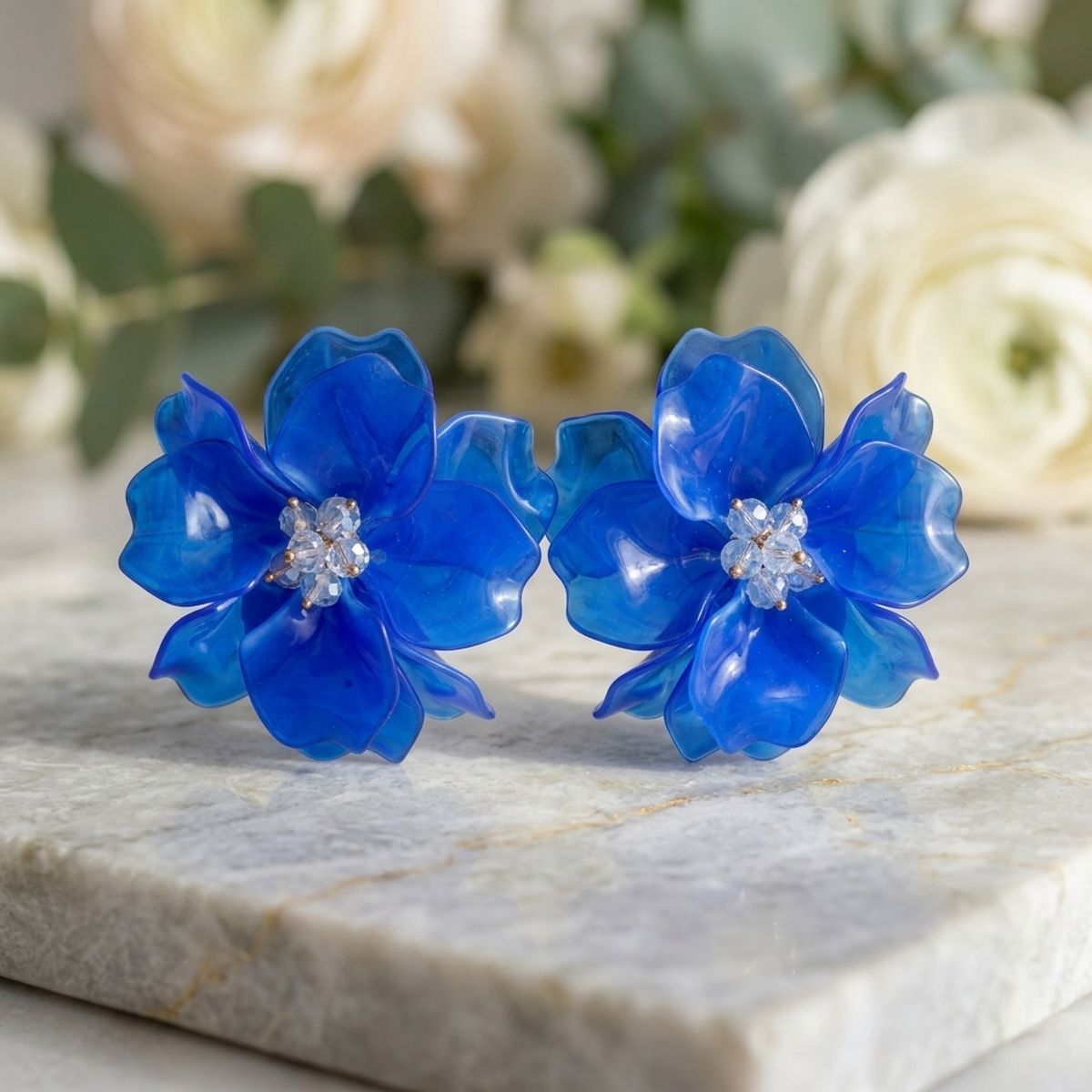 Oversized Blue Acrylic Petal Flower Stud Earrings