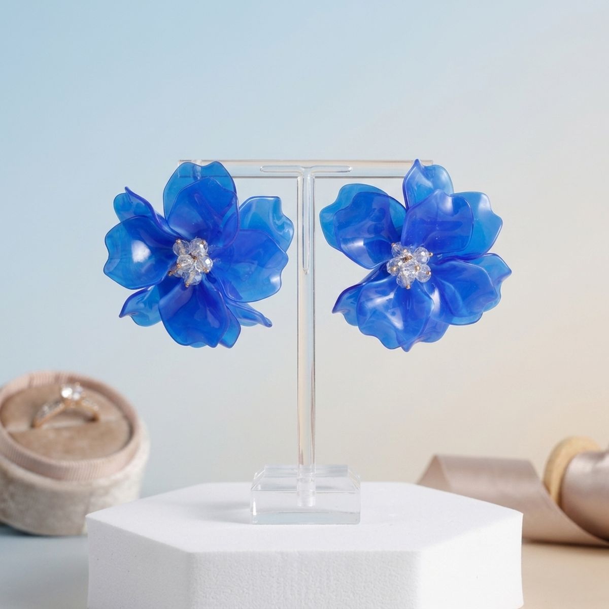 Oversized Blue Acrylic Petal Flower Stud Earrings