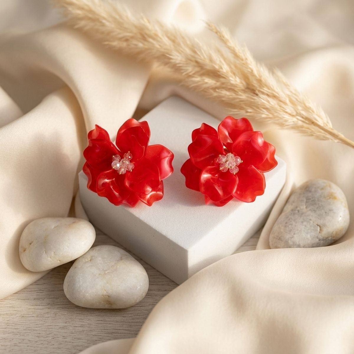 Oversized Red Acrylic Petal Flower Stud Earrings