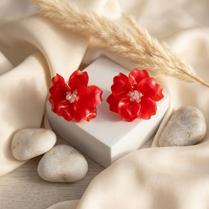 Oversized Red Acrylic Petal Flower Stud Earrings