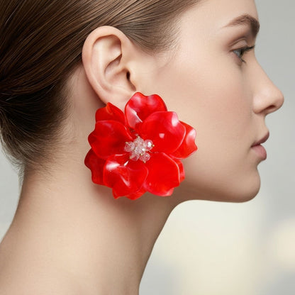 Oversized Red Acrylic Petal Flower Stud Earrings