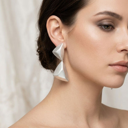 Drop Matte Silver Puffed Triangle Modern Earrings