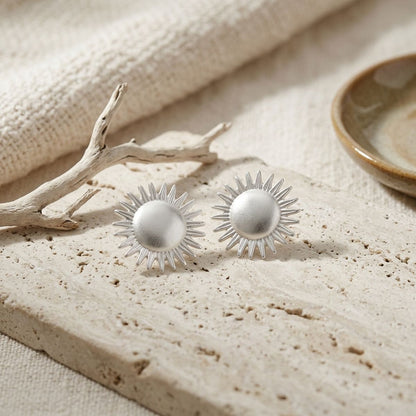 Stud Brushed Silver Domed Sun and Rays Earrings