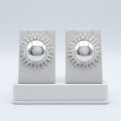 Stud Brushed Silver Domed Sun and Rays Earrings