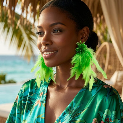 Green Beaded Cluster Long Feather Drop Earrings