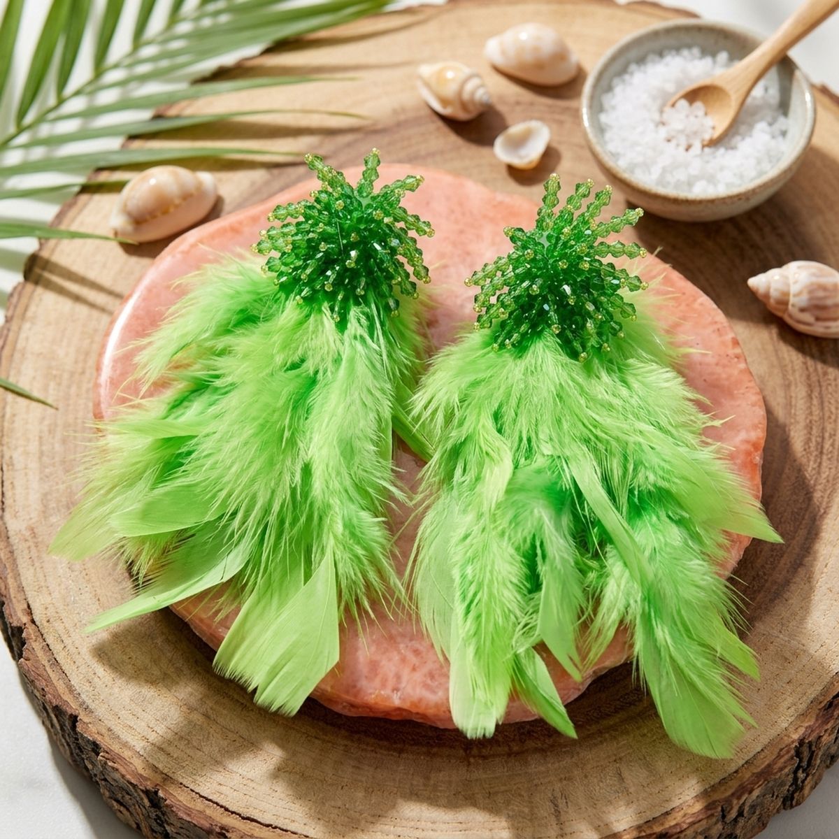 Green Beaded Cluster Long Feather Drop Earrings