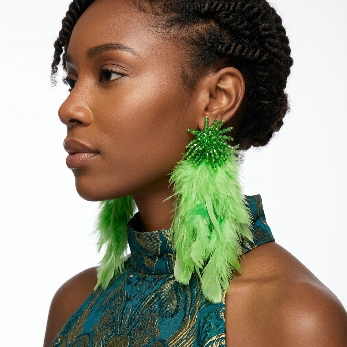 Green Beaded Cluster Long Feather Drop Earrings