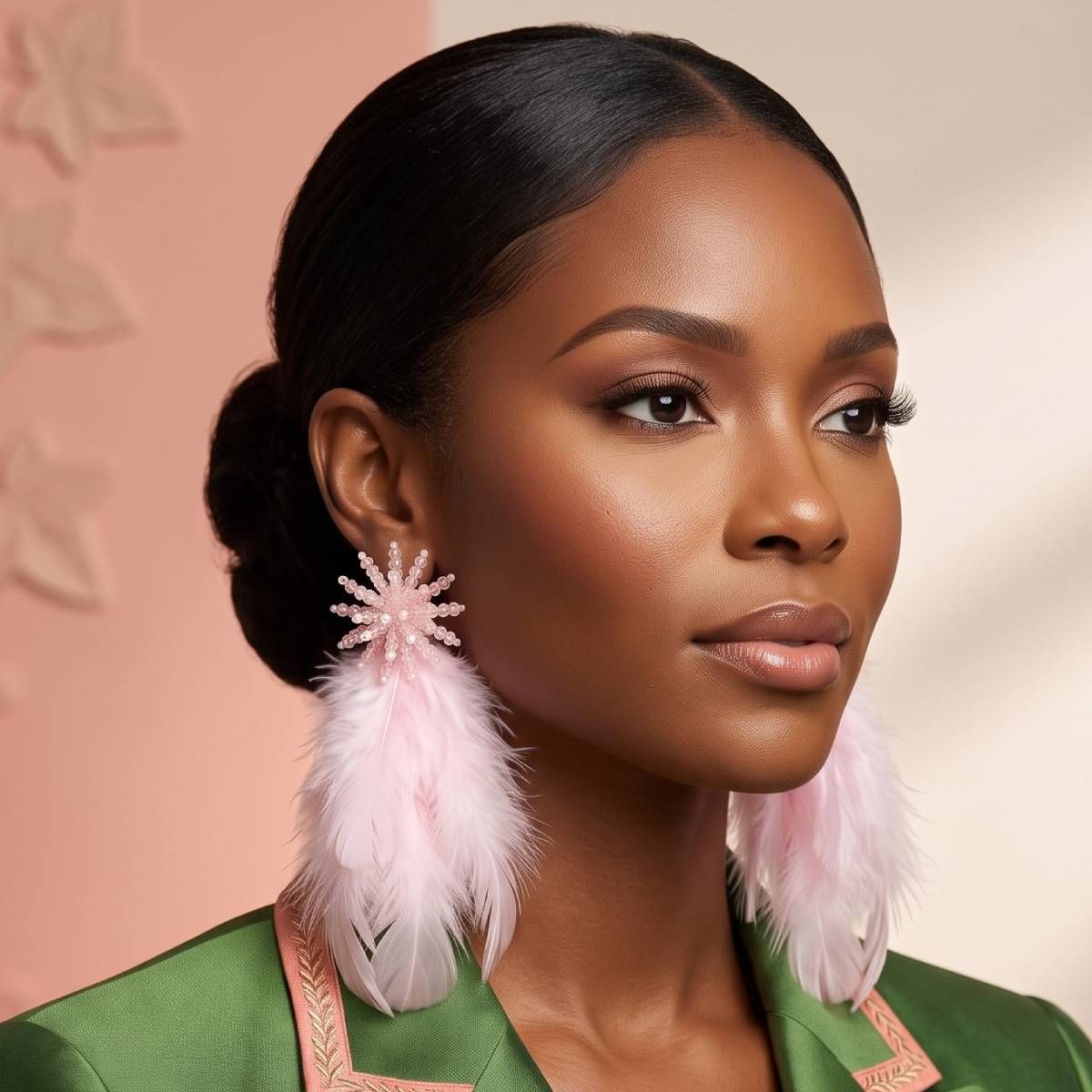 Pink Beaded Cluster Long Feather Drop Earrings
