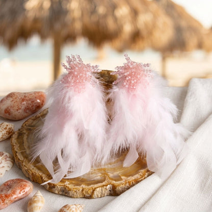 Pink Beaded Cluster Long Feather Drop Earrings