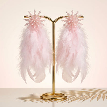 Pink Beaded Cluster Long Feather Drop Earrings
