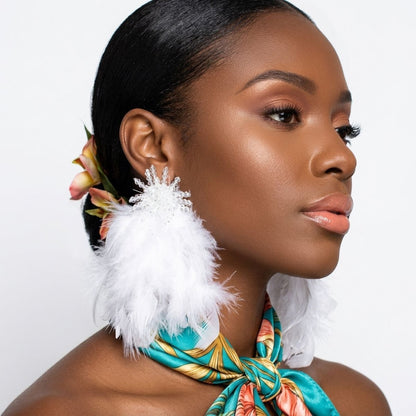Clear Bead Cluster Long White Feather Drop Earrings