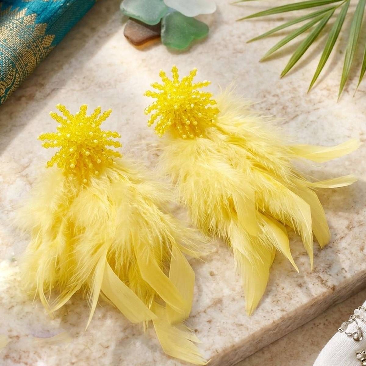Yellow Beaded Cluster Long Feather Drop Earrings
