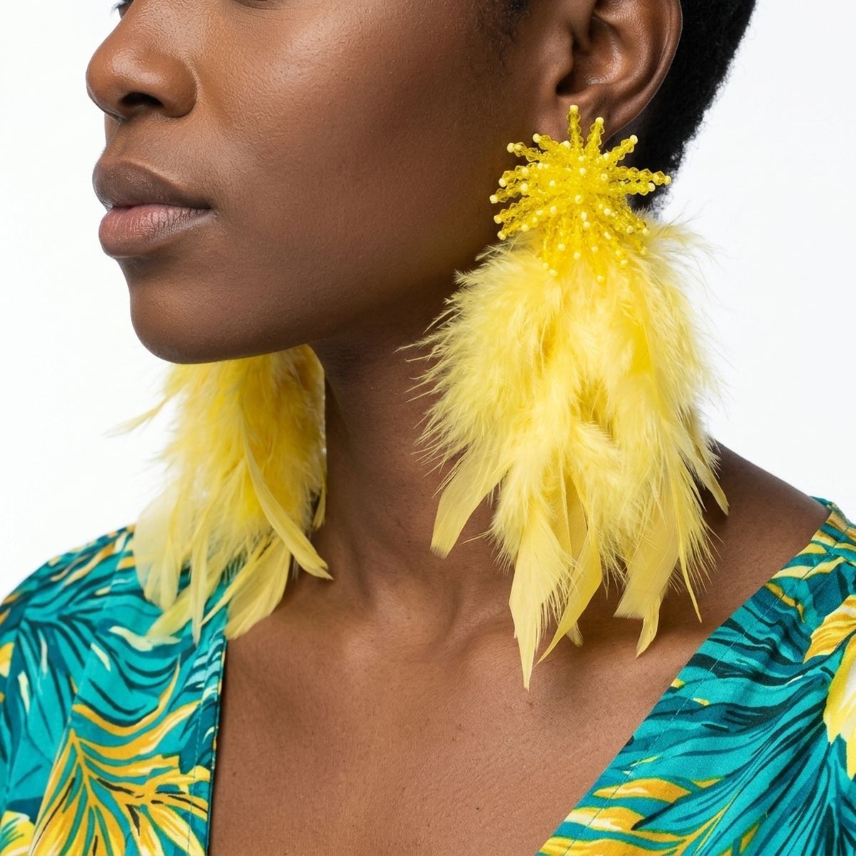 Yellow Beaded Cluster Long Feather Drop Earrings