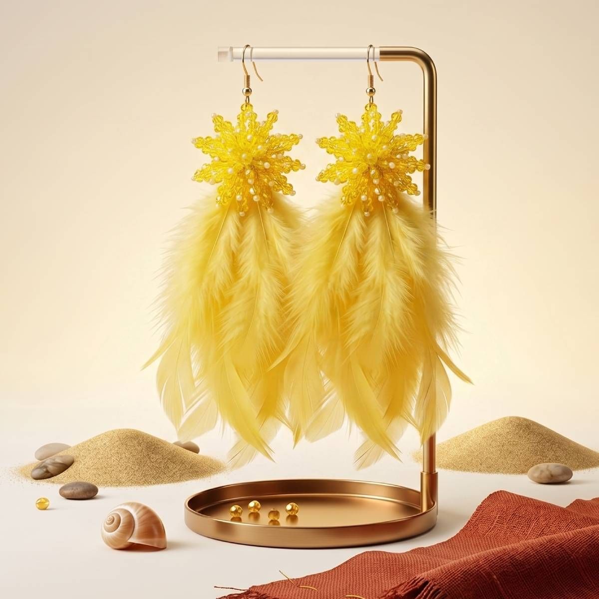 Yellow Beaded Cluster Long Feather Drop Earrings