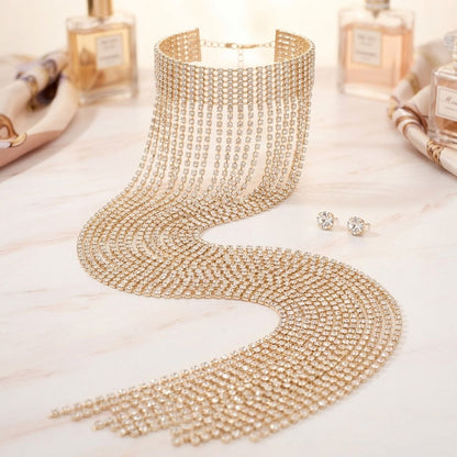Long Gold Fringe Choker Necklace with Rhinestones