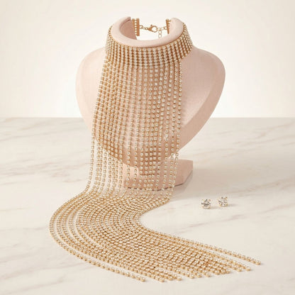 Long Gold Fringe Choker Necklace with Rhinestones
