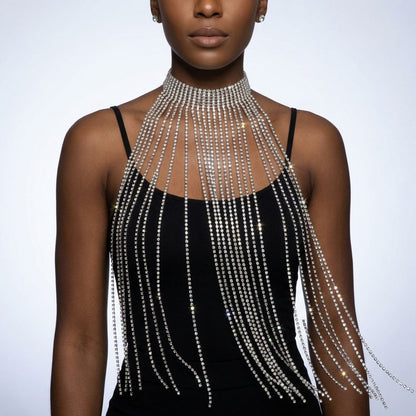 Long Silver Fringe Choker Necklace with Rhinestones