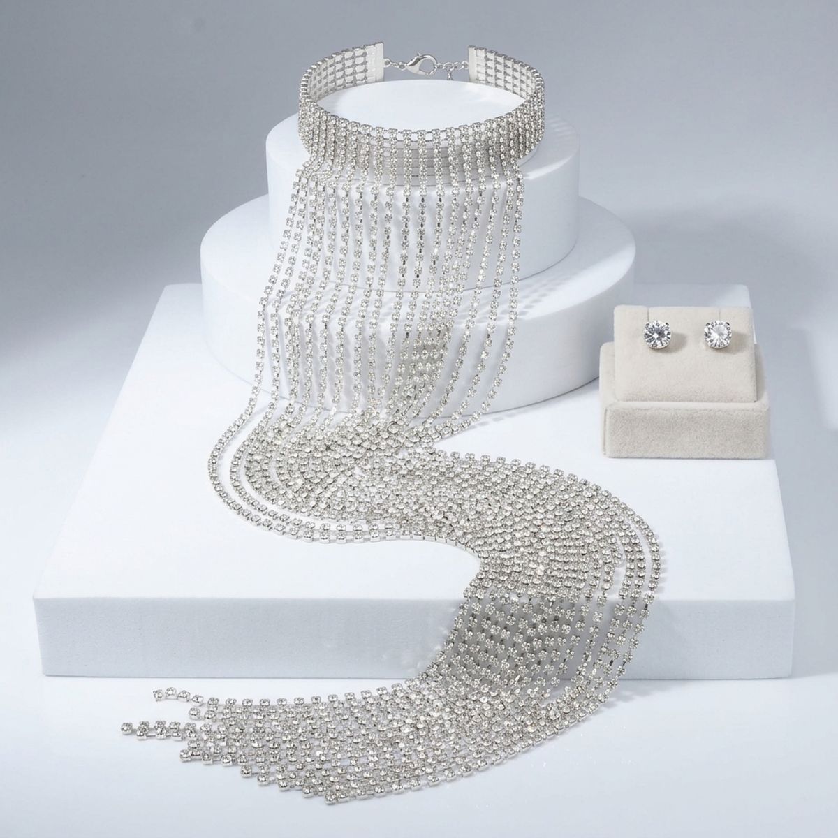 Long Silver Fringe Choker Necklace with Rhinestones