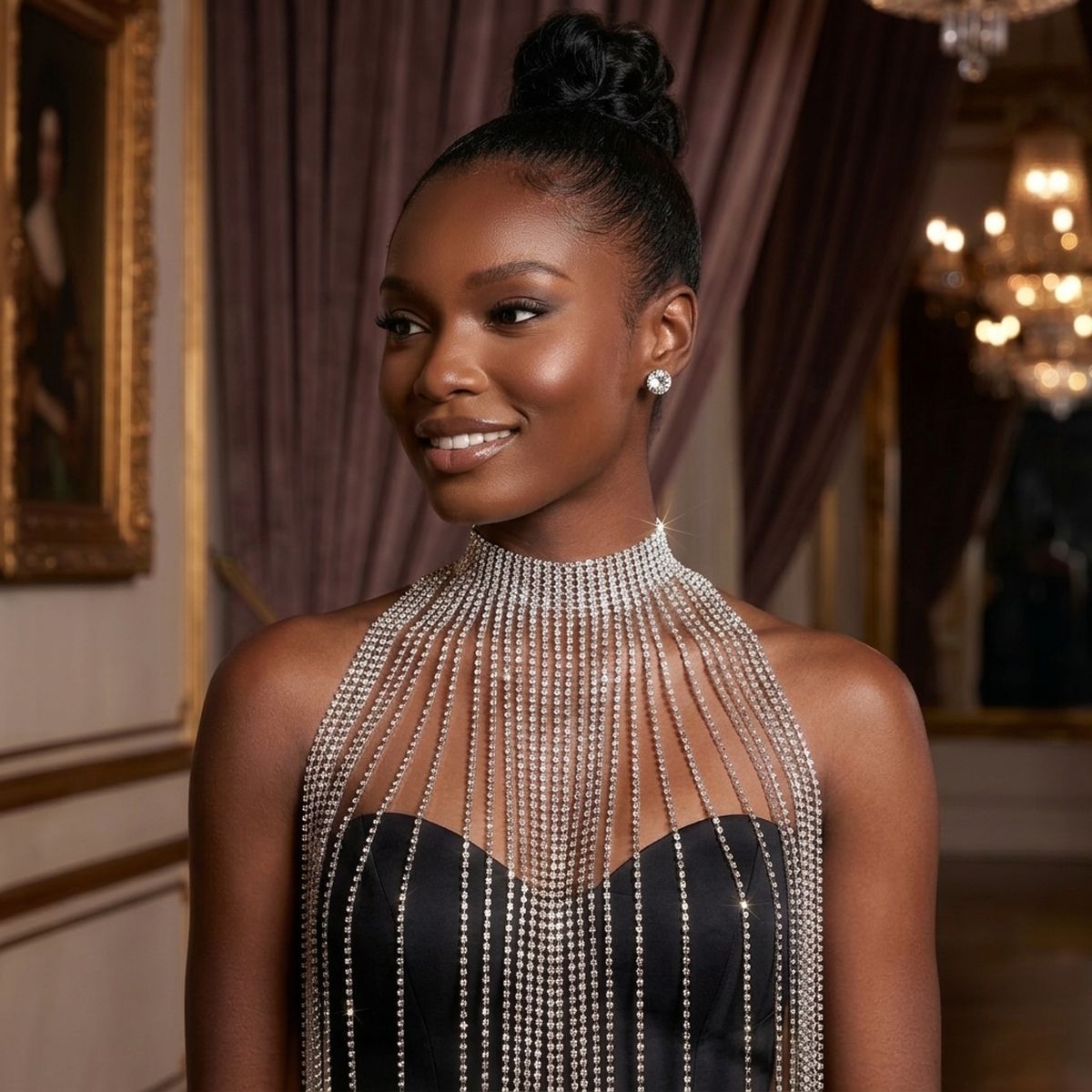 Long Silver Fringe Choker Necklace with Rhinestones