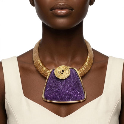 Large Purple Resin Pendant Gold Collar Necklace