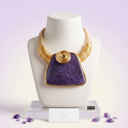 Large Purple Resin Pendant Gold Collar Necklace