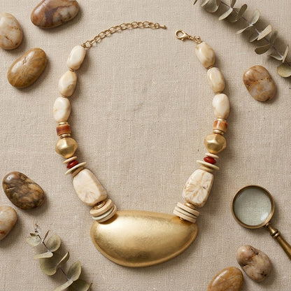 Ivory Bead Sculpted Matte Gold Pendant Necklace