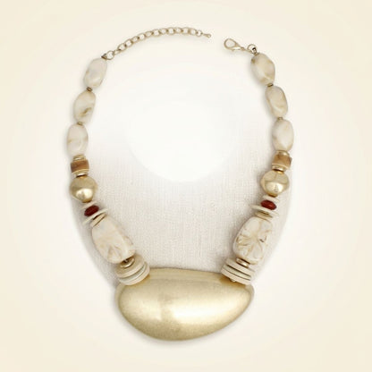 Ivory Bead Sculpted Matte Gold Pendant Necklace