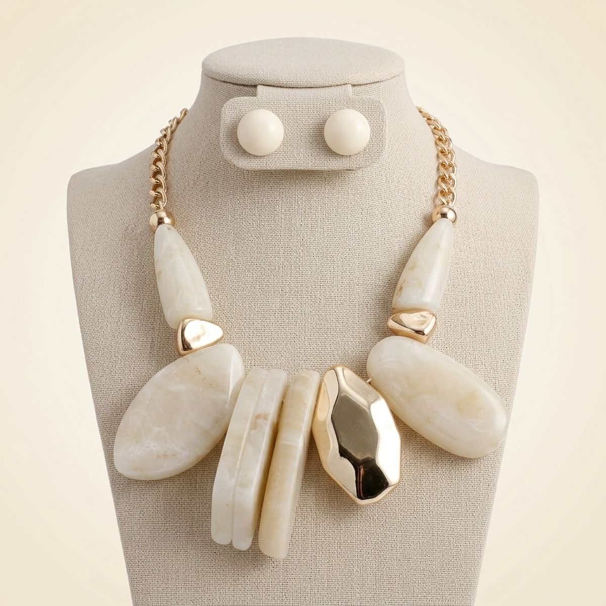 Chunky Ivory Geometric Marbled Resin Bib Necklace