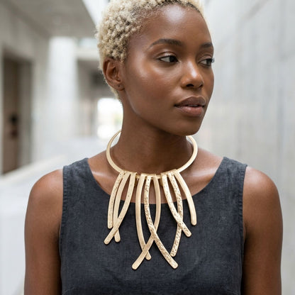 Matte Gold Abstract Rigid Fringe Choker Necklace
