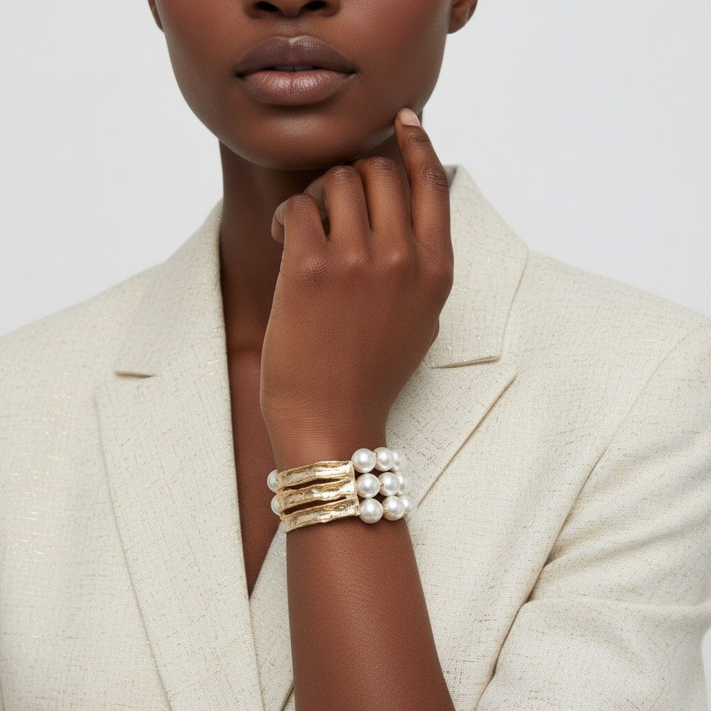 Cream Pearl Edgy Meets Classy Gold Metal Bracelet