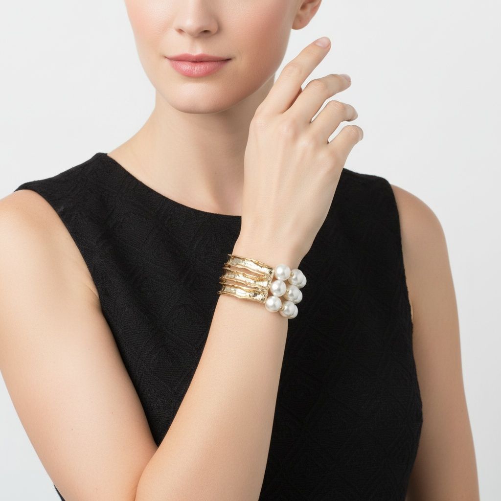 Cream Pearl Edgy Meets Classy Gold Metal Bracelet