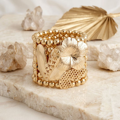 Gold 7 Row Beaded Spring Motif Stretch Bracelet