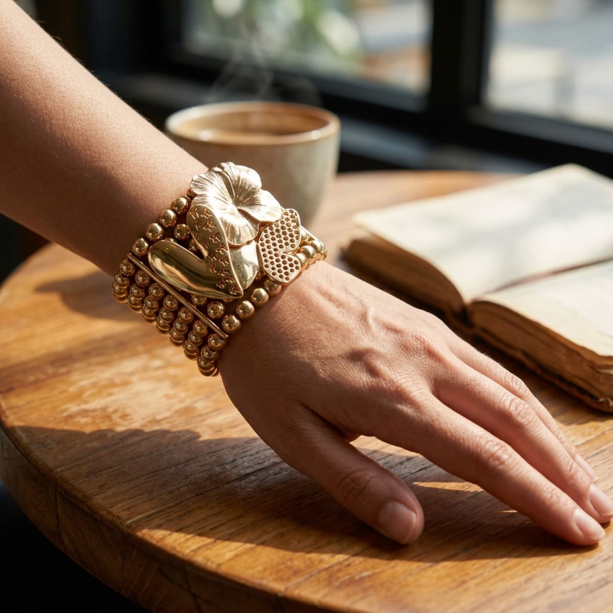 Gold 7 Row Beaded Spring Motif Stretch Bracelet