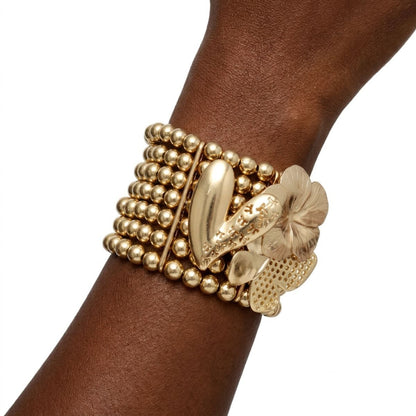 Gold 7 Row Beaded Spring Motif Stretch Bracelet