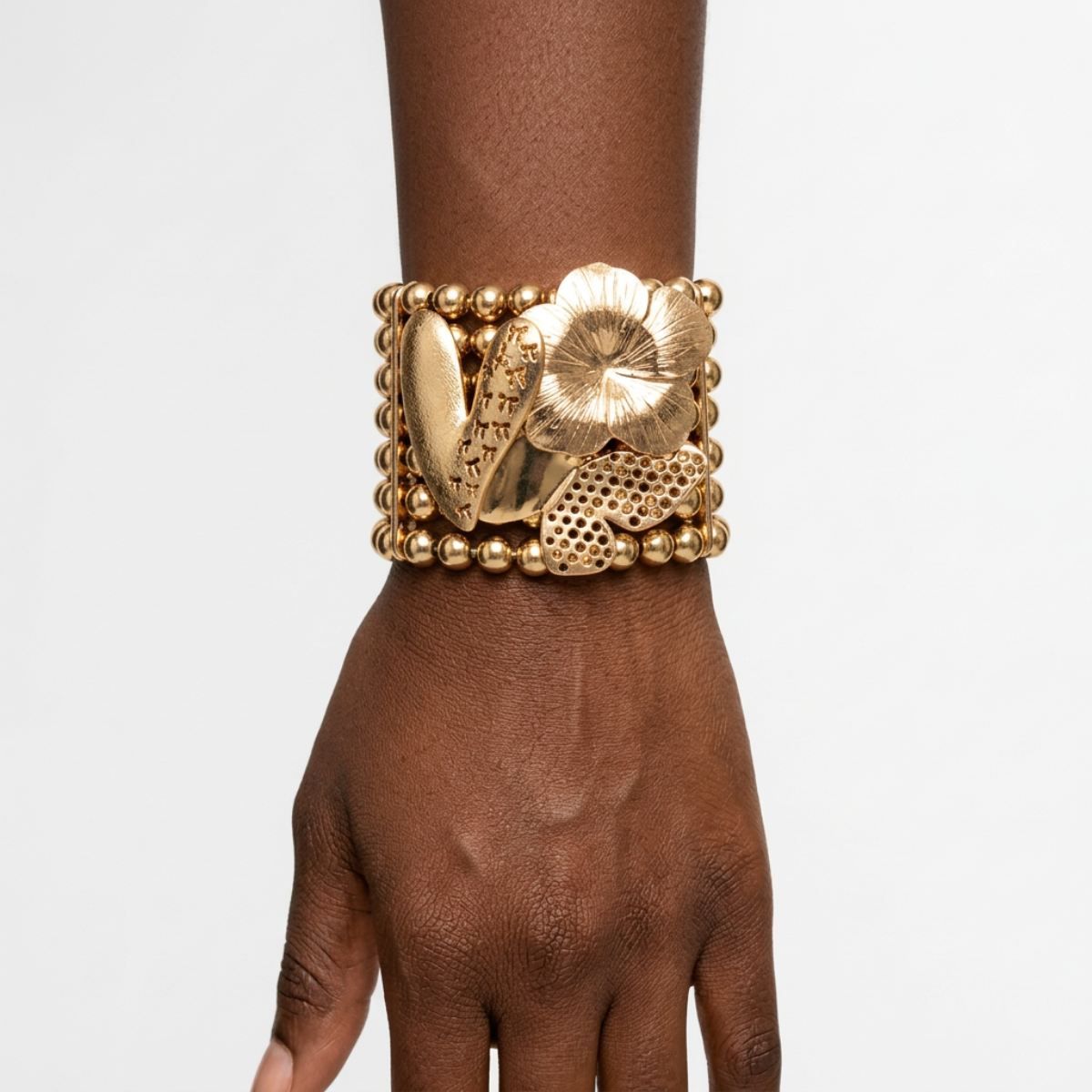 Gold 7 Row Beaded Spring Motif Stretch Bracelet