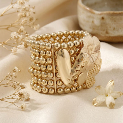 Gold 7 Row Beaded Spring Motif Stretch Bracelet