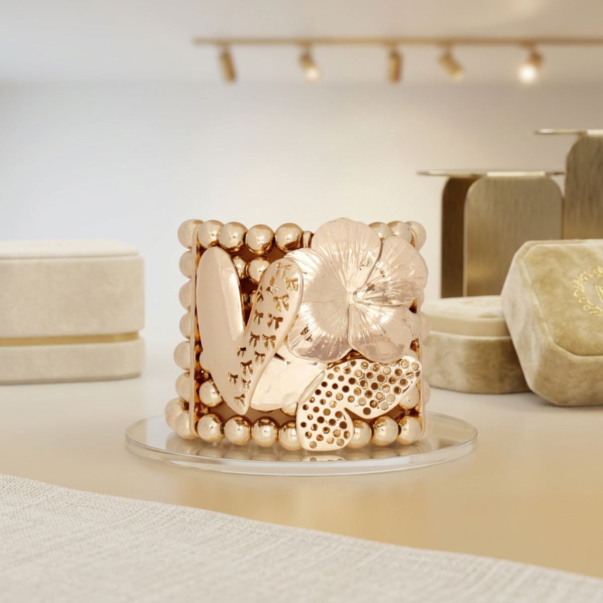 Gold 7 Row Beaded Spring Motif Stretch Bracelet