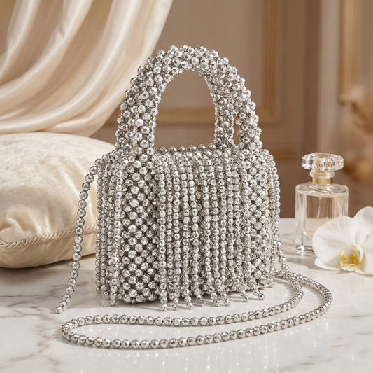 Top Handle Silver Bead Woven Mini Fringe Handbag