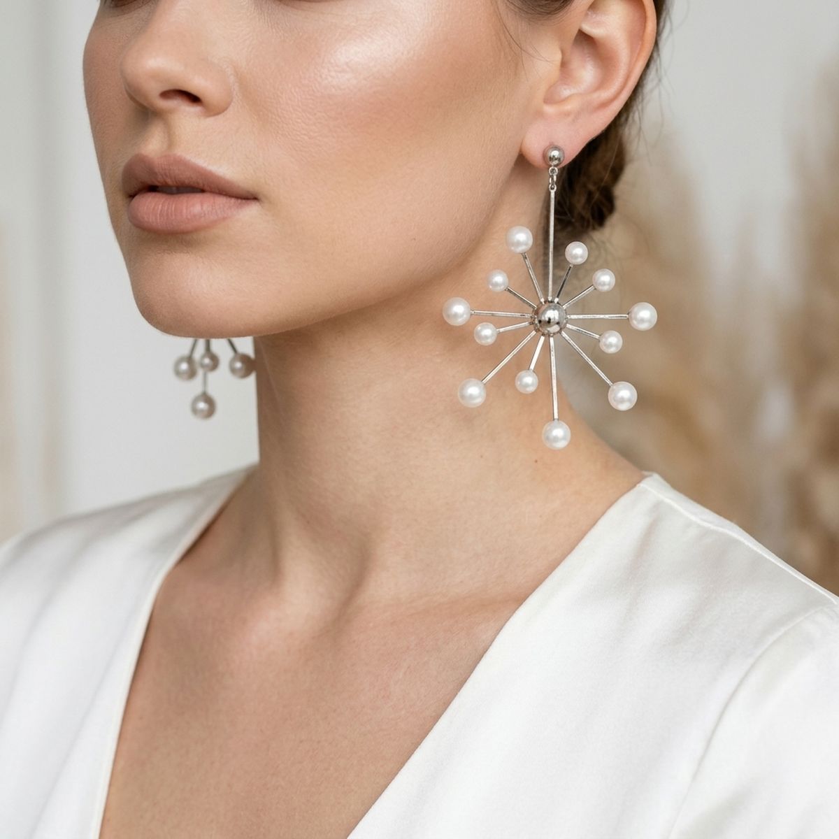 Drop Modern White Pearl Starburst Silver Earrings