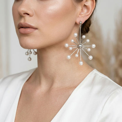 Drop Modern White Pearl Starburst Silver Earrings